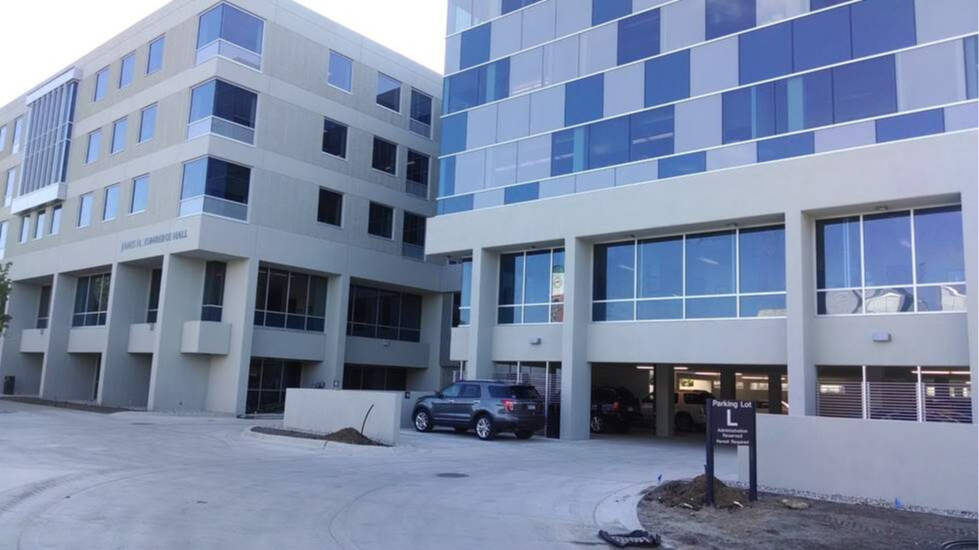 Zumberge Hall service entrance and parking lot